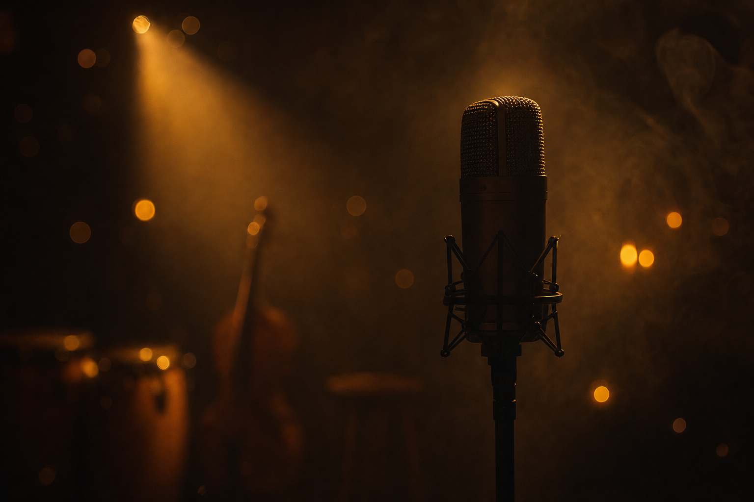 Ambiente cálido de estudio con micrófono y luces doradas